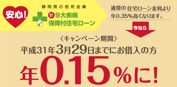 安心静岡県の信用金庫新9大疾病保障付き住宅ローン。通常の住宅ローン金利より年0.35%高くなります。今なら、キャンペーン期間の平成30年9月28日までにお借入の方は年0.15%になります。